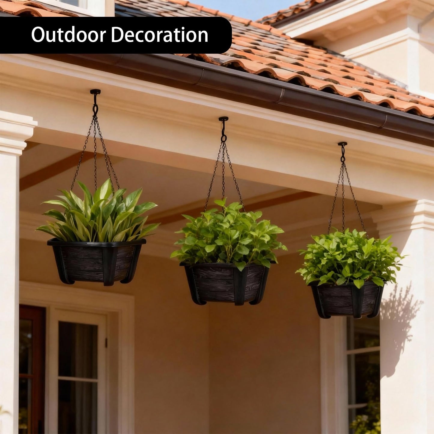 summer flower 3 Pack Hanging Planters for Railing, 9.84 Inch Plastic Window Box with Drain Hole Plug, Indoor Outdoor Flower Pots for Balcony Fence Garden Decor (Black)