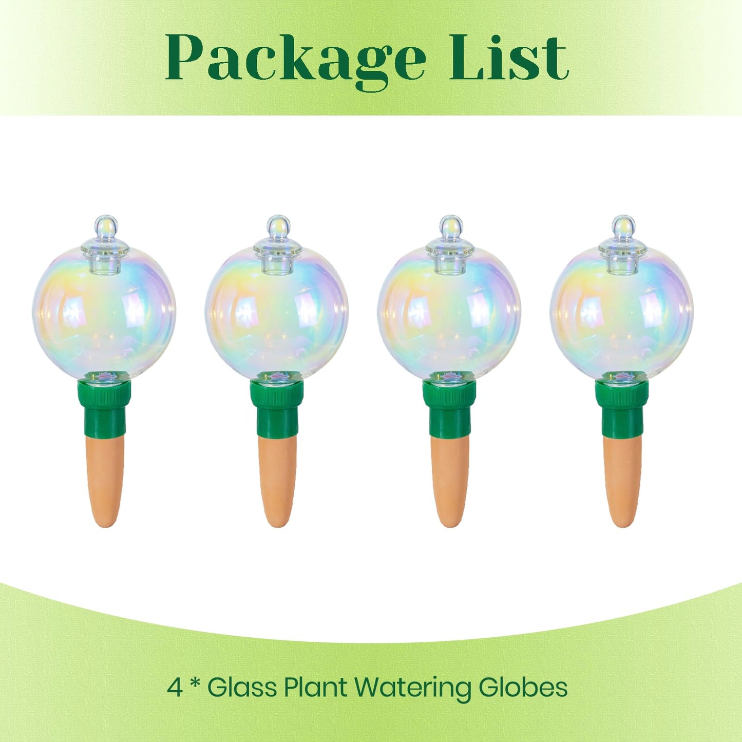 Hewory Glass Plant Watering Globes: 4 Pcs Iridescent Water Bulbs for Indoor/Outdoor Plants - 9oz Watering Devices with Terracotta Water Spikes