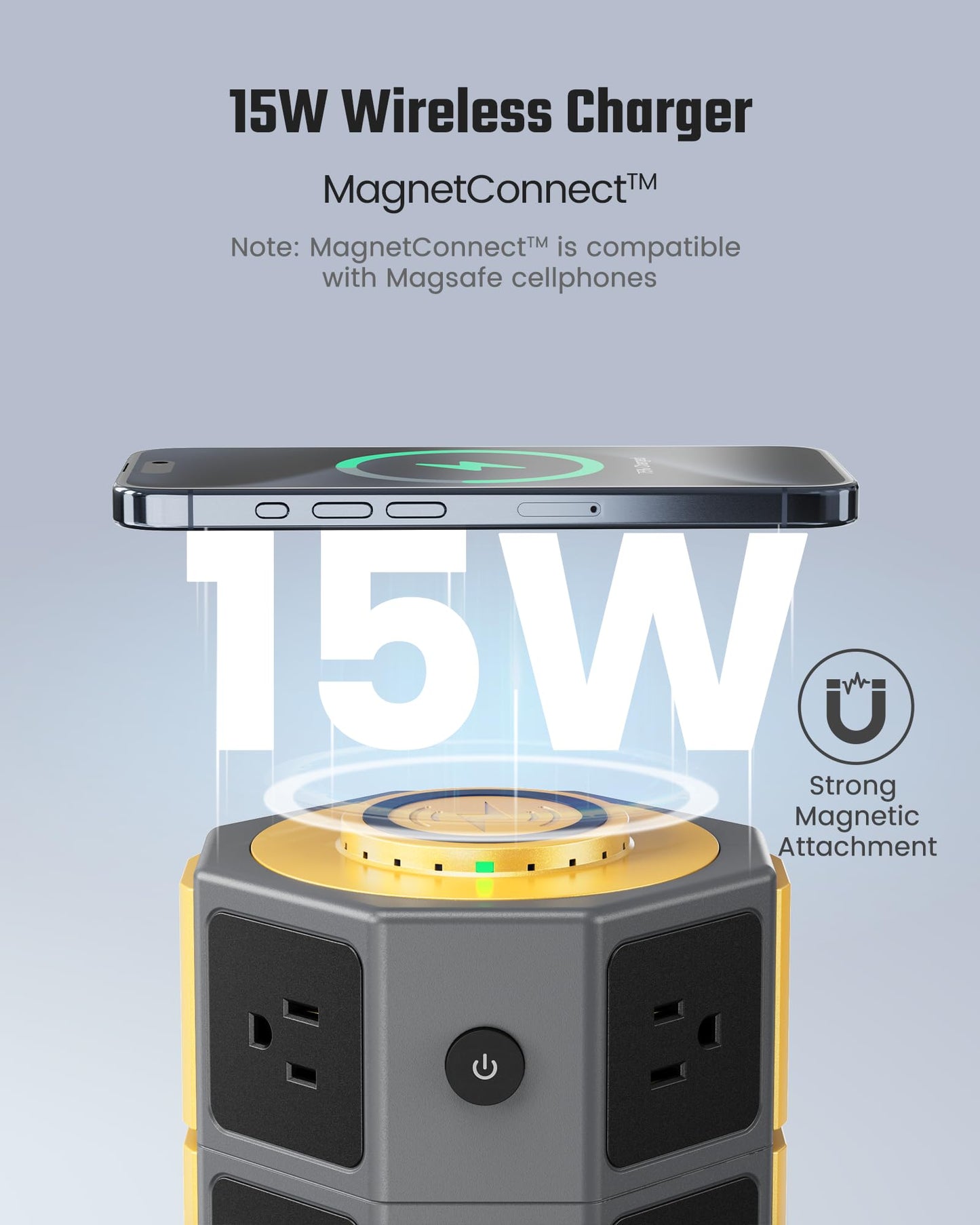 Power Strip Tower, SUPERDANNY Surge Protector Tower with 15W Wireless Charger, 1050J, 13A Charging Station with 12 AC Outlets & 6 USB Ports (2 USB C), 6.5ft Extension Cord for Home Office Dorm, Gold