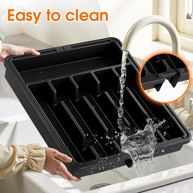 SpaceHacks Silverware Organizer,Adjustable & Expandable Utensil Drawer Organizer, BPA Free Utensil Holder, Cutlery Tray for Forks, Spoons, Knives in Kitchen, Large, Black