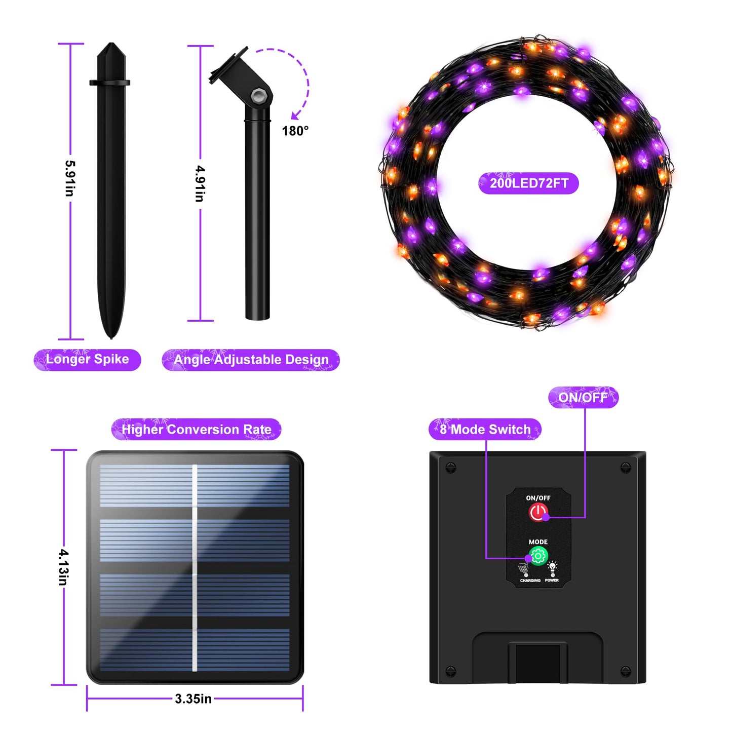 Selarlyt 4-Pack 400LED Solar Halloween Lights,Orange& Purple String Lights,Solar Fairy Lights with 8 Modes, Halloween Lights Outdoor Waterproof for Bedroom Patio Garden Party Yard Decoration