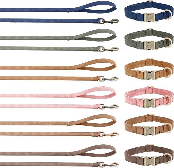 Genuine Leather Dog Collar - Adjustable Pet Collar with Quick Release Metal Buckle, Soft Skin Friendly Real Leather Collar for Small, Medium, Large Dogs (Blue Collar + Rope, S:Fit 8-16" Neck)