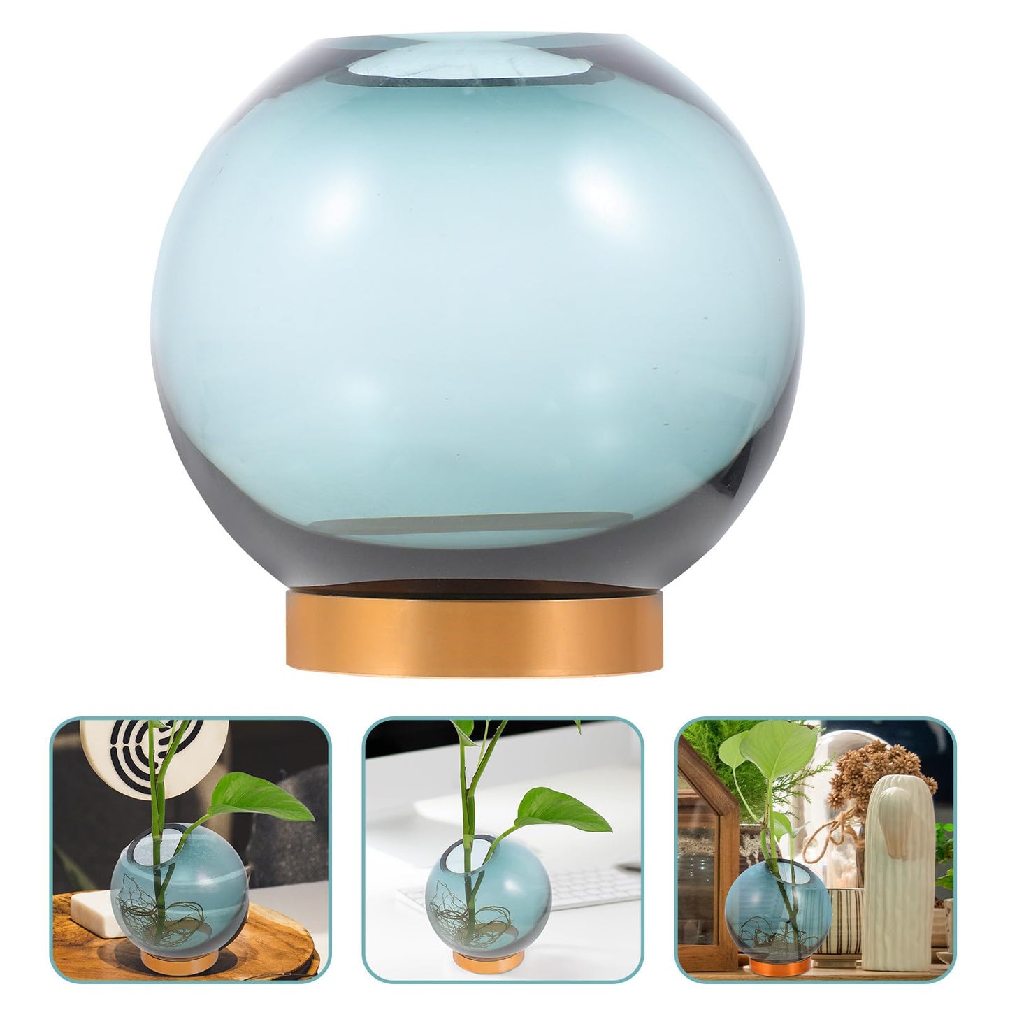 NUOBESTY Glass Vase with Copper Stand, Small Hydroponic Flower Planter for Floral Arrangement and Indoor Home Décor, Round Glass Terrarium Vase