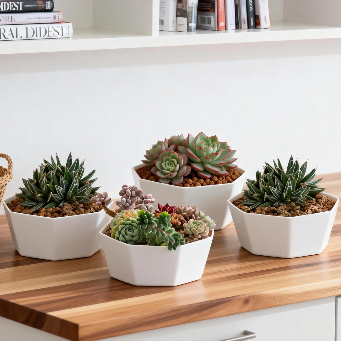 BovcTrraann 4 Pack Shallow Succulent Plant Pots with Tray and Drainage Holes, Shallow Planter for Indoor and Outdoor Gardening, Succulent pots for Succulents Cactus and Herbs (5.9 Inch)
