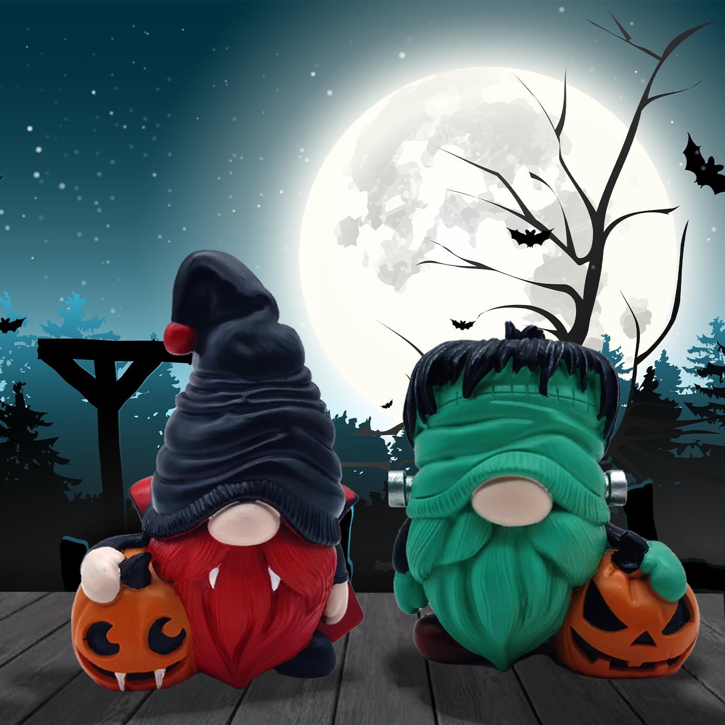 YOKUSHI 2 PCS Halloween Gnomes Decorations, Fall Table Decor Resin Figurines with Pumpkin for Home Office Indoor Gifts