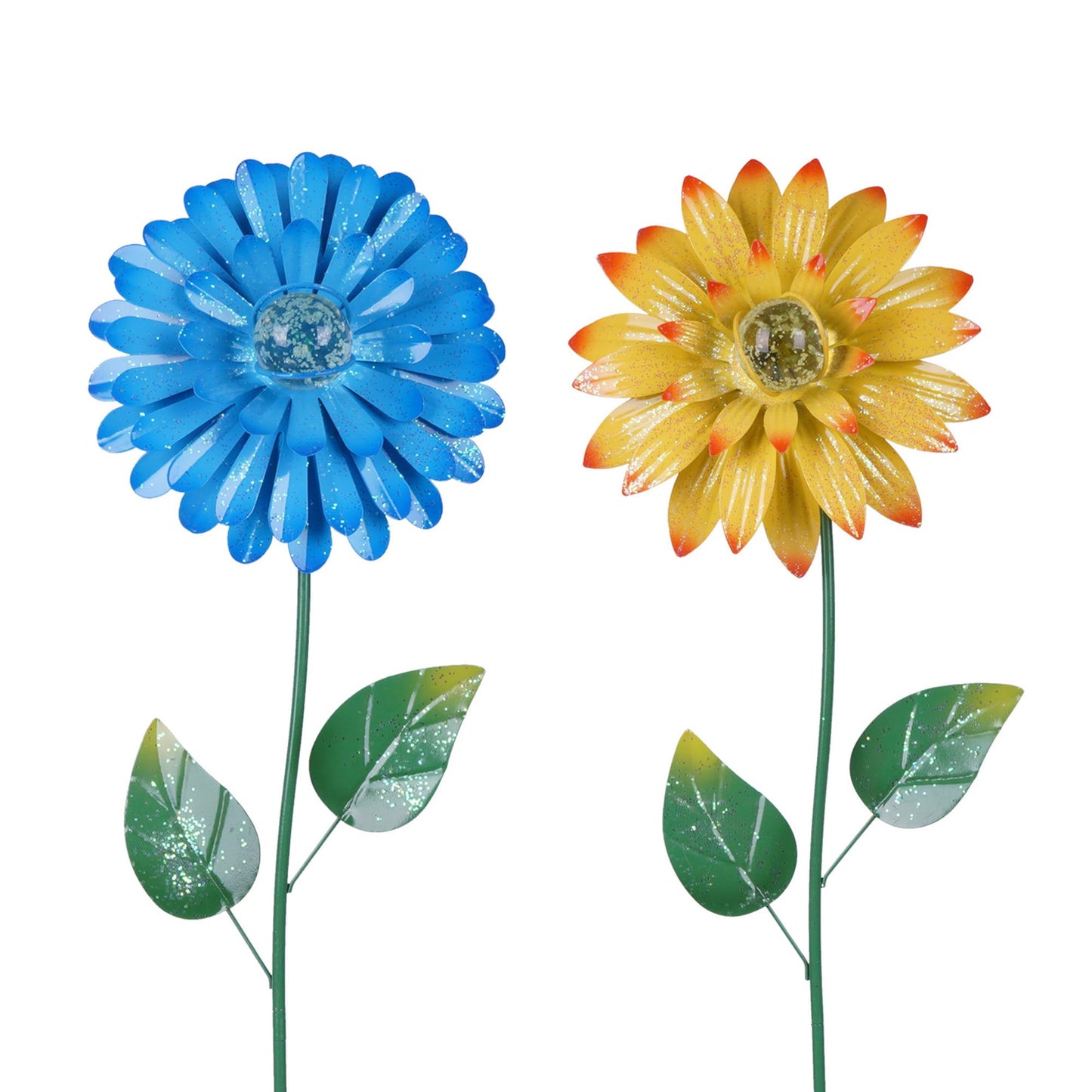 Topadorn Set of 2 Glow-in-the-Dark Flower Garden Stakes, 25" Metal Plant Picks with Shaking Heads, Weatherproof Yard Pathway Decor