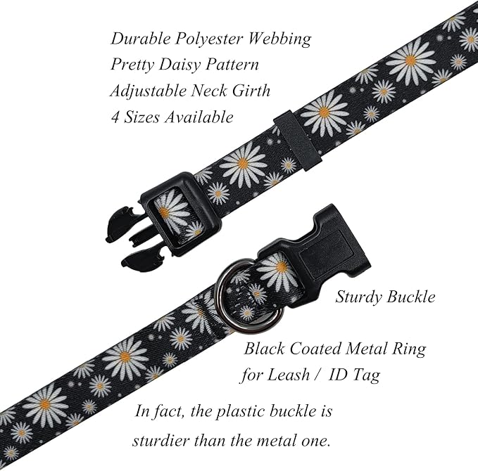 Dog Collar Leash Set, Floral Pattern, Polyester Material, Adjustable Collar and 5ft Matching Leash, for Medium Dogs.(M, Black Daisy)