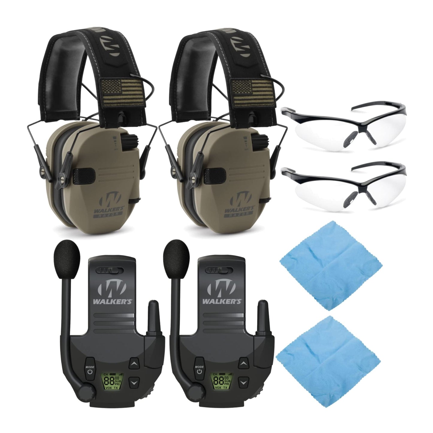 Walker's Razor Slim Electronic Shooting Muffs (FDE Patriot, 2-Pack) Bundle with Walkie Talkies, Shooting Glasses, and Cleaning Cloths (8 Items)