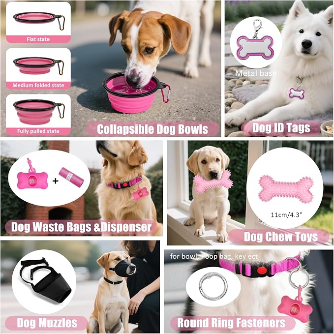 No Pull Dog Harness Adjustable Collar & Leash Set - Dog Halter Harnesses Collapsible Bowls & Poop Bag Dispenser Muzzle ID Tags Toys Fits Small Medium Large Dogs (Pink-S)