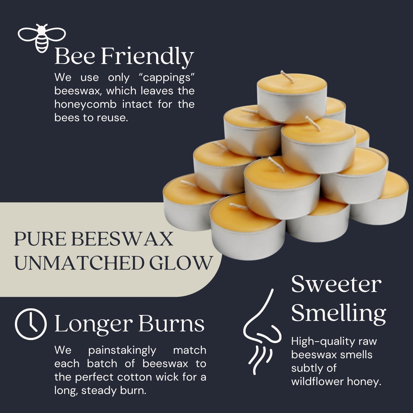 Bluecorn Beeswax Tea Light Candles, 100% Pure Natural Bees Wax, Yellow Tea Lights in Metal Cups, Fragrance Free, Paraffin & Soy Free Candle Wax, Clean Burning, Long Lasting, American Made, 24 Pack