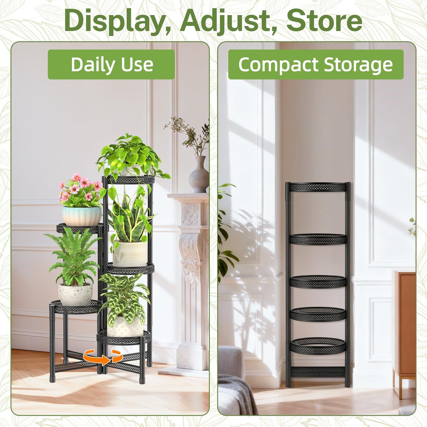 iDavosic.ly Plant Stand Indoor Outdoor, 5 Tier Corner Metal Flower Display Holder Shelf, Folding Tall Orchid Rack for Patio Balcony Porch Garden Living Room House, Wrought Iron - Modern Black