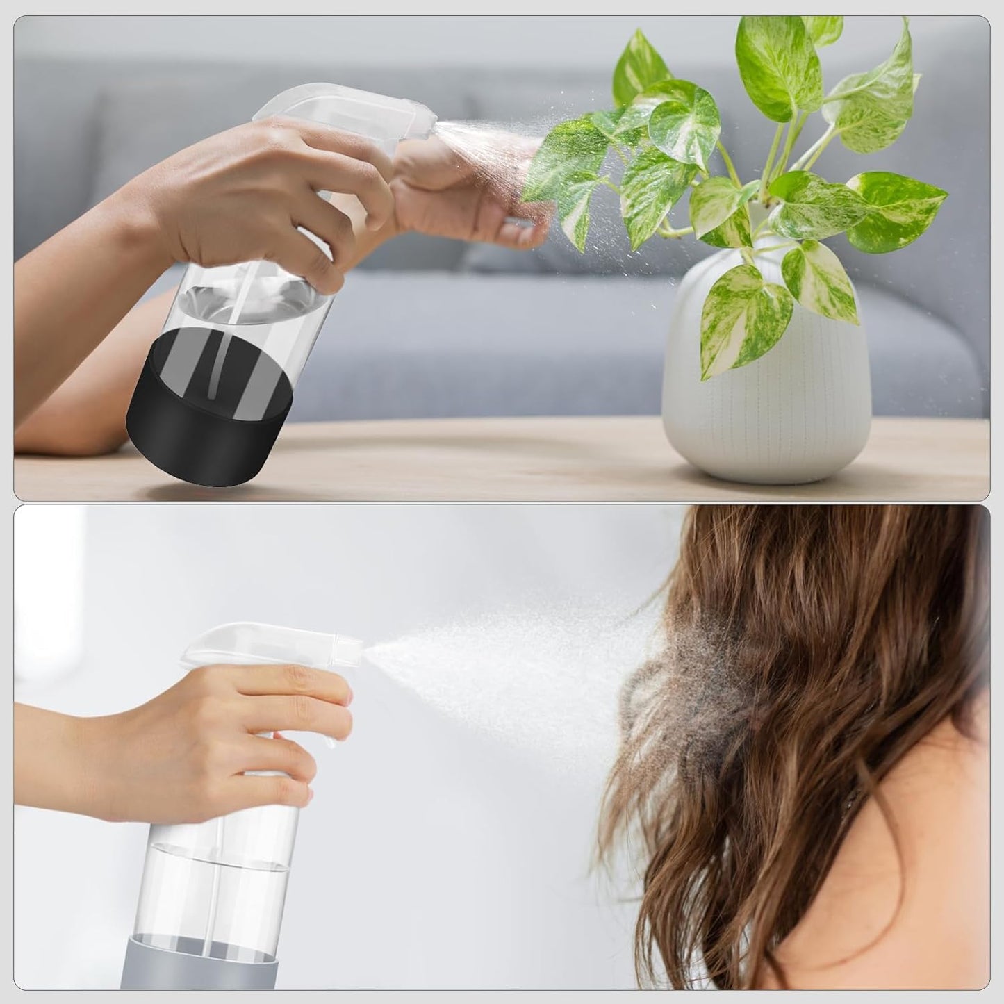 Worldgsb 2 Pack Glass Spray Bottles with Silicone Sleeve, 16 oz Empty Refillable Containers with Adjustable Spray Nozzles, Spray Bottles for Hair, Cleaning Solutions and Plants Black&Grey