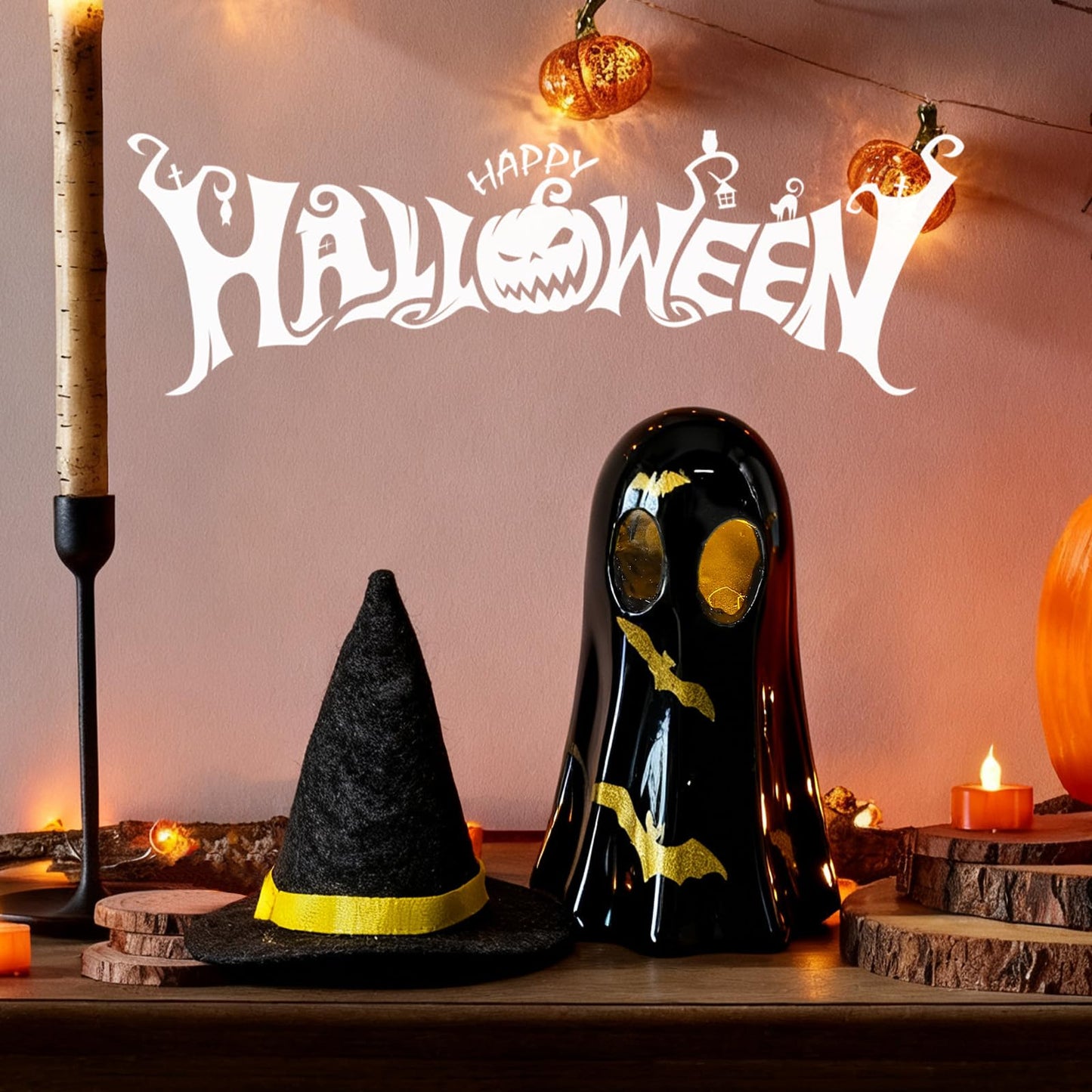 Cute Ghost Wearing a Hat for Halloween Decor Indoor, 3D Resin Night Light, Simple Pottery Barn Halloween Decor for Party Bedroom Study Room Funny Gifts Indoor 3D LED Nightlight Figurine (Black)