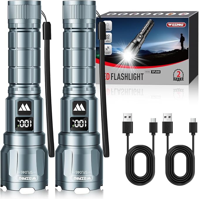 WdtPro Rechargeable Flashlights 2 Pack, Powerful Handheld Flashlight - Grey | LED High Lumens, LCD Battery Display, Zoomable 3 Modes, IP65 Waterproof, Tactical, For Home Emergencies Camping Outdoor