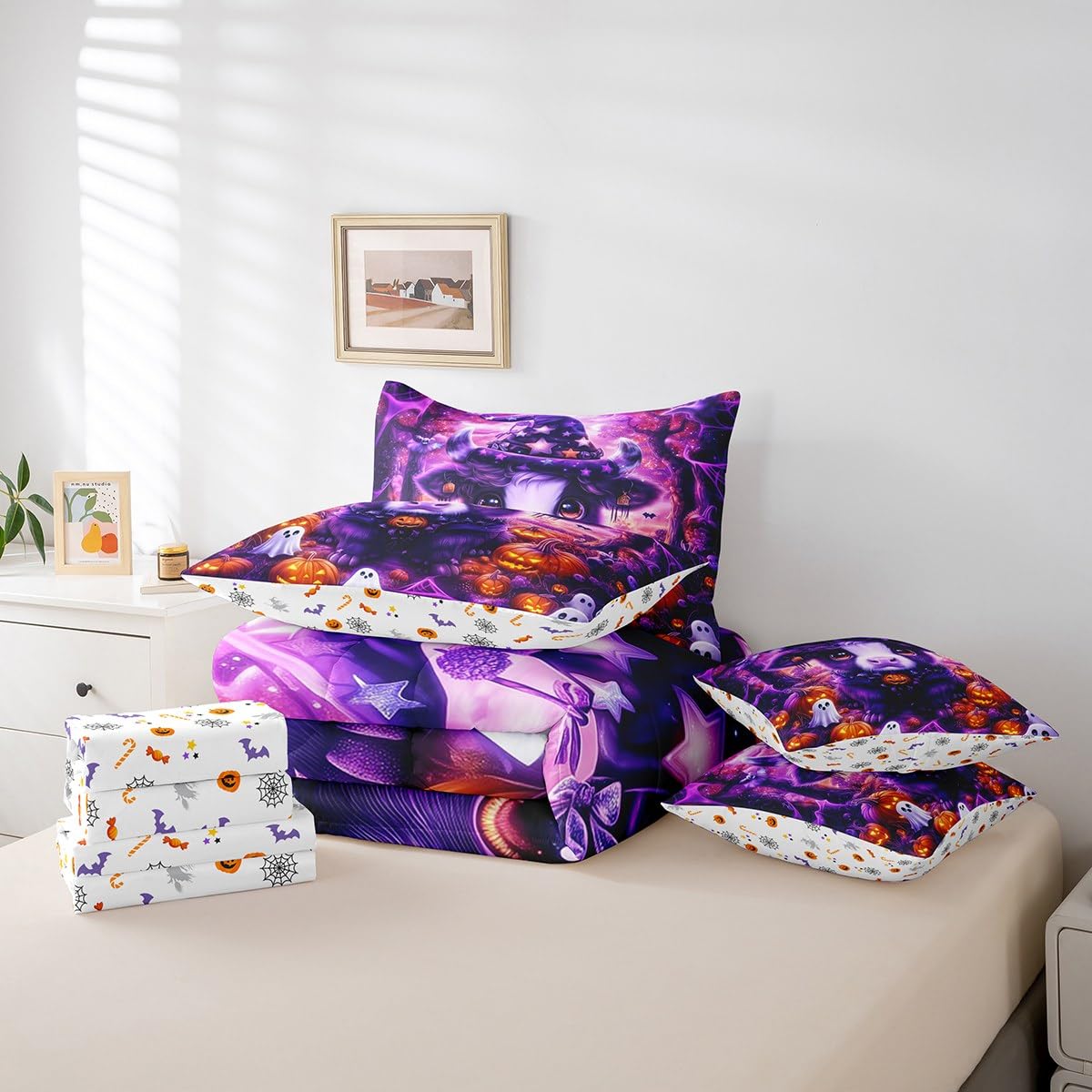 Erosebridal Halloween Highland Cattle Twin Comforter Set 7 Piece for Kids Boys Girls Pumpkin Lantern White Ghost Bed in A Bag with Sheetscartoon Gothic Bedding Set Purple Goth Bed Set