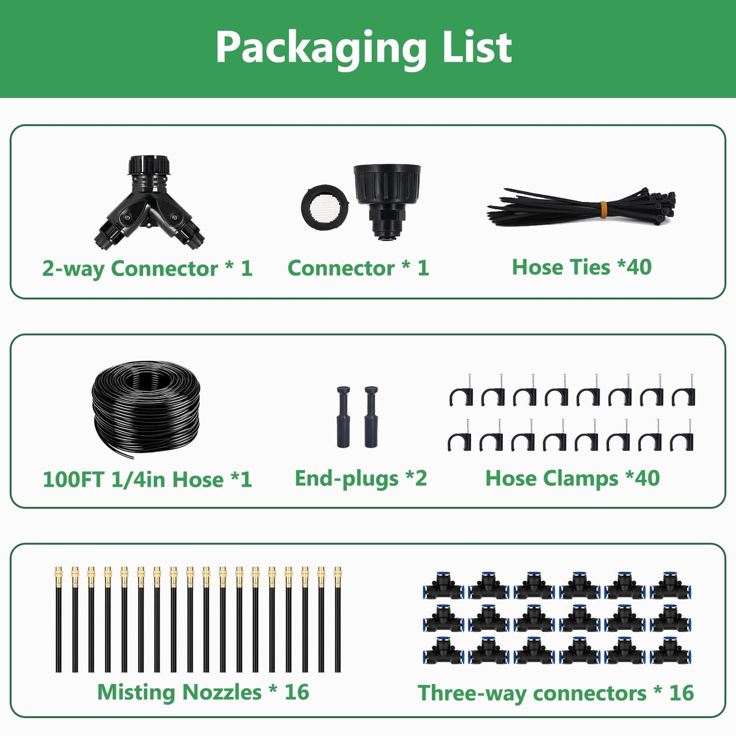 100FT Drip Irrigation System, 1/4 Inch Hose with 360° Adjustable Copper Nozzles – Garden Watering Kit for Lawn, Raised Beds, Greenhouse & Yard