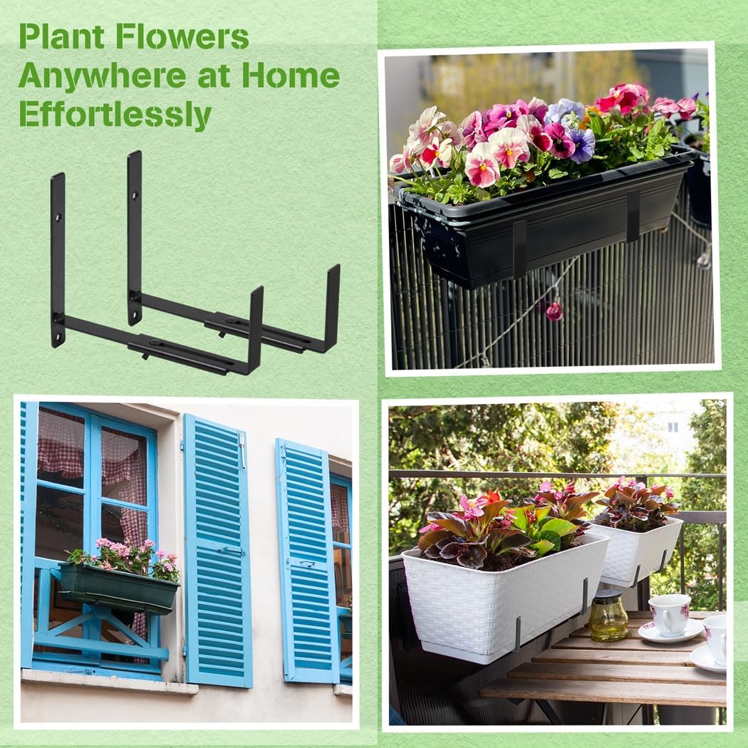 Tressify Heavy-Duty Adjustable Window Planter Brackets, Wall Mount Flower Box Holders 6–13 in, 4-Pack, Black Iron Construction
