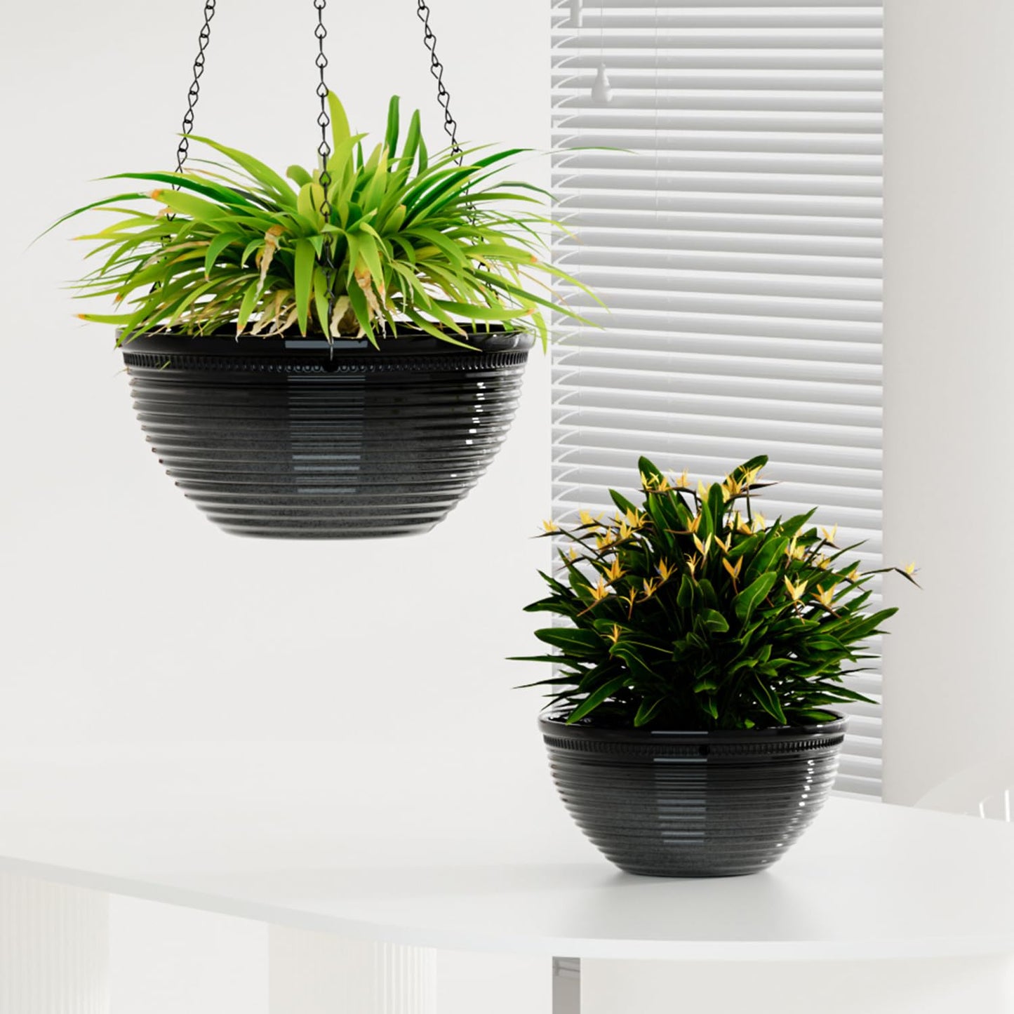 Vanslogreen 2 Pack Hanging Planters for Indoor Outdoor Plants, 10 Inch Hanging Planter with Drainage Hole & Plug Glazed Hanging Baskets Flower Pots for Garden Home (Black)