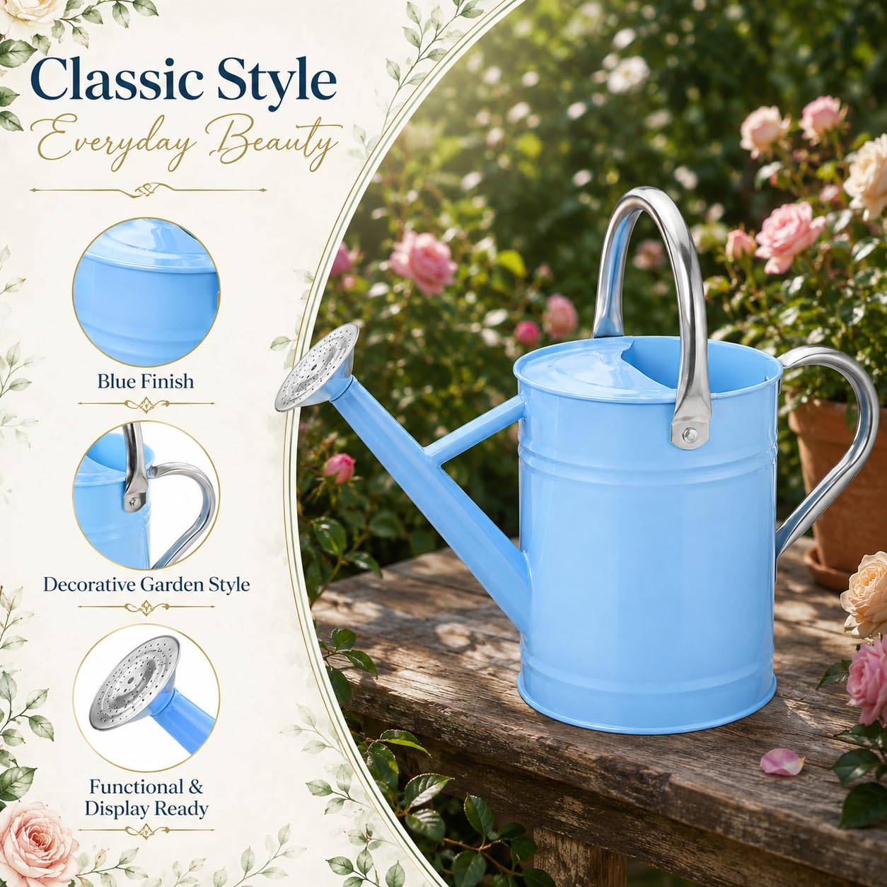 1 Gallon Metal Watering Can for Indoor Outdoor Plants, Galvanized Steel Watering Can with Removable Spout, 2 Stainless Steel Handles, Garden Flower Watering Pot