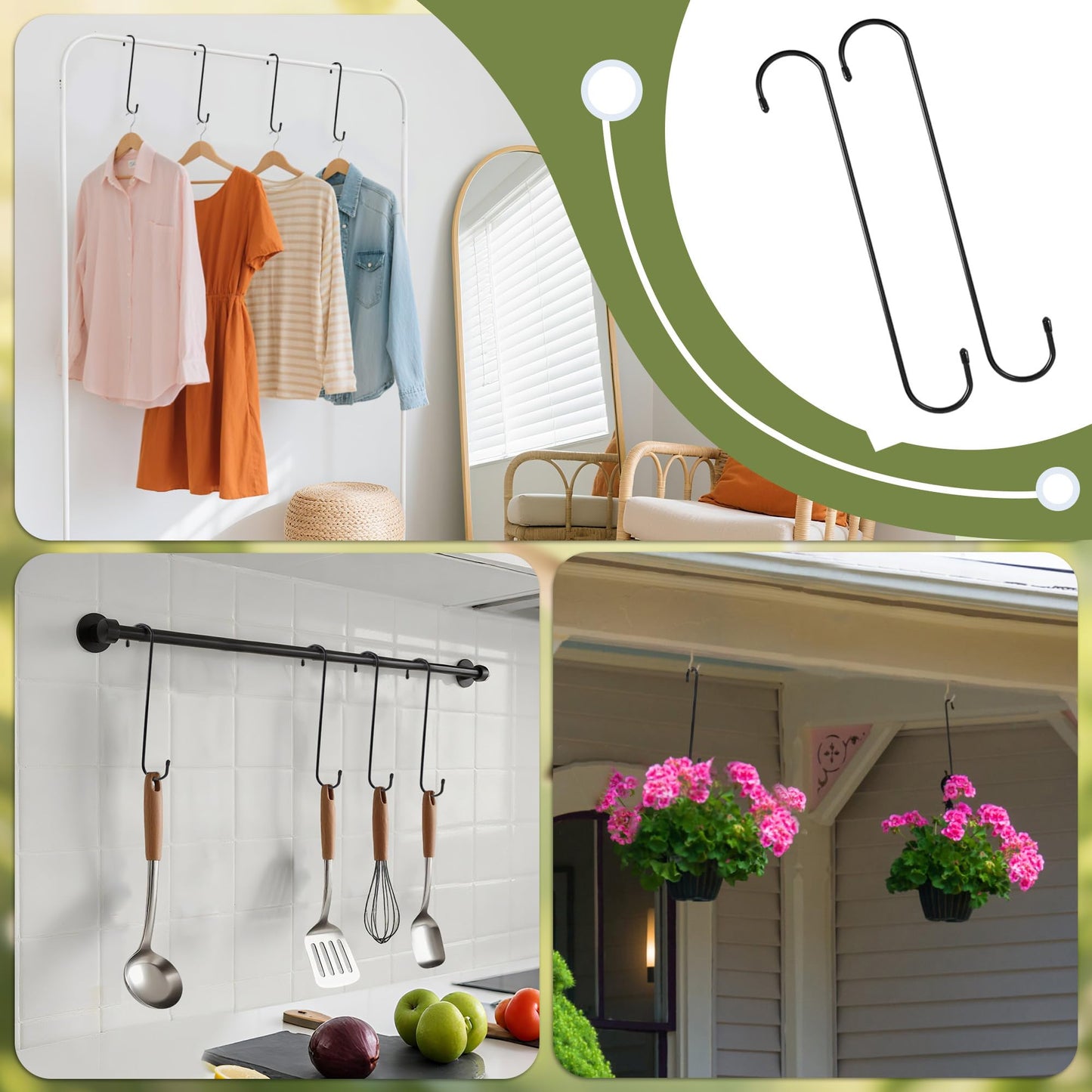 WWYICHEN 12 Inch Large S Hooks for Hanging Plants, Black Metal Heavy Duty Long Hook for Hanging Bird Feeder, Bird House, Clothes, Wind Chimes, Flower Basket, 2 Pack