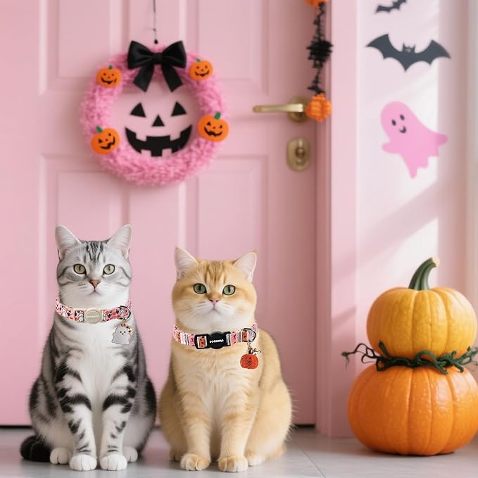 2 Pack Fall Cat Collars Breakaway with Bell, DOGWONG Safety Buckle Fall Halloween Ghost Cute Cat Collar for Girl Boy Cats,Adjustable 7-12 Inch