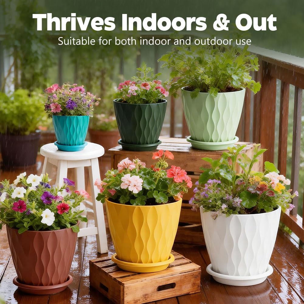 KEETUMOOD Plant Pots, Self Watering Planters with Drainage Holes and Trays, Flower Pots for Indoor Outdoor - 6 Pack(4/5/6/6.5/7/8 Inch) (Colorful)