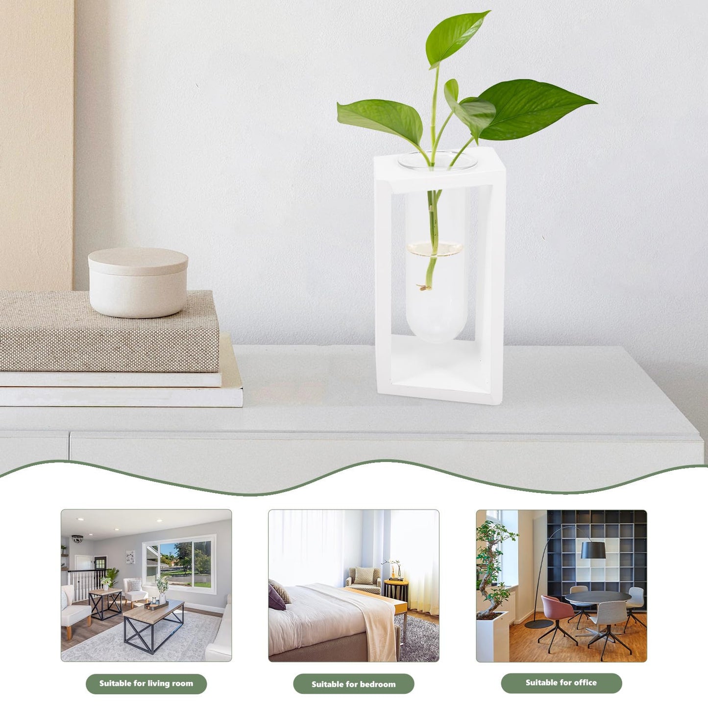 DOITOOL Test Tube Plant Vase with White Wooden Rack, Small Glass Propagation Terrarium Container for Indoor Hydroponic Plants and Home Décor