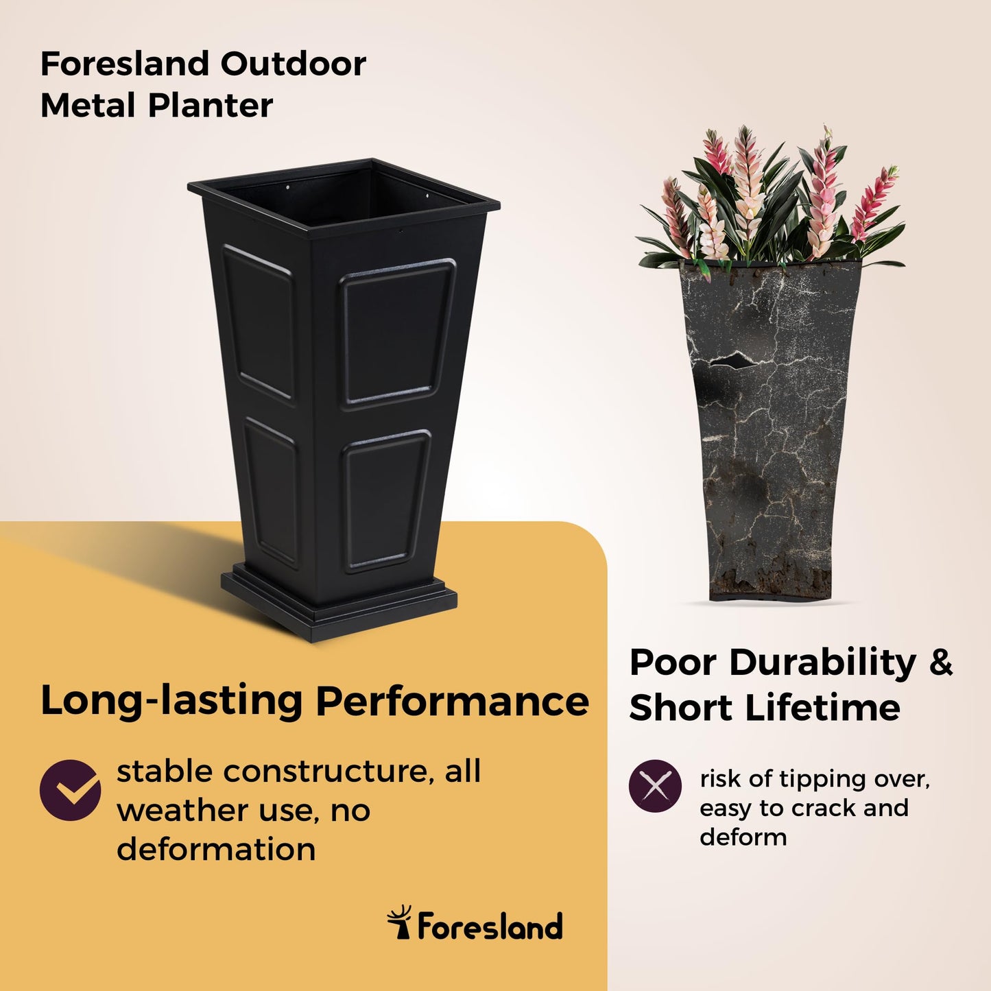 23" Tall Metallic Planter for Outdoor Plants Set of 2, Tapered Steel Flower Pot with Removable Middle Partition Drainage Holes, Large Metal Planters for Front Porch, Garden, Patio, Balcony, Black