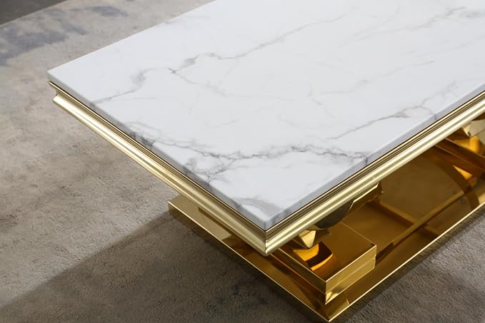 2 Piece Living Room Table Set Include 1 Faux Marble Coffee Table & 1 Console Table, Modern White Gold Coffee Table Set of 2 with Double O Shape Stainless Steel Pedestal Base