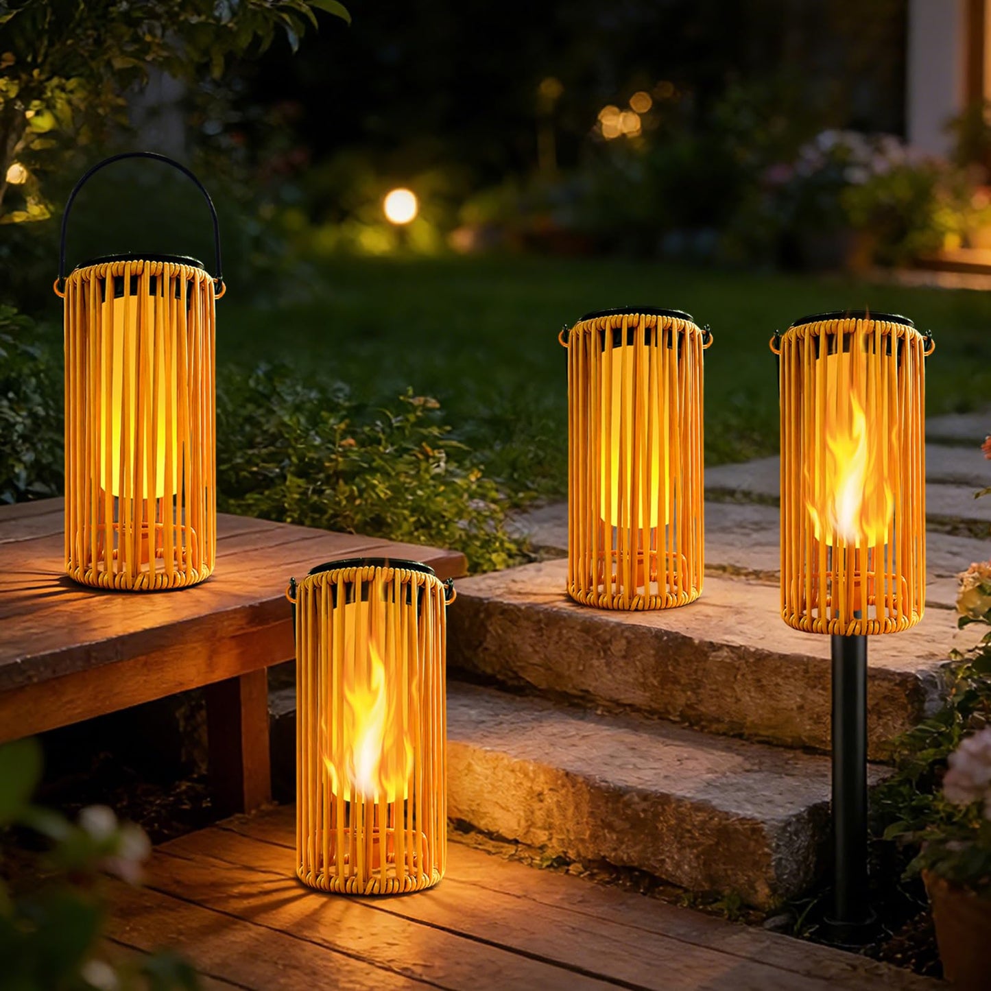 Amugmilk Solar Pathway Lights Outdoor Hanging Garden Decorations,Solar Lanterns Waterproof Flickering Flame Gifts for Women Mom Grandma,Decorative Lantern Stakes Outside for Lawn Yard Porch Tree