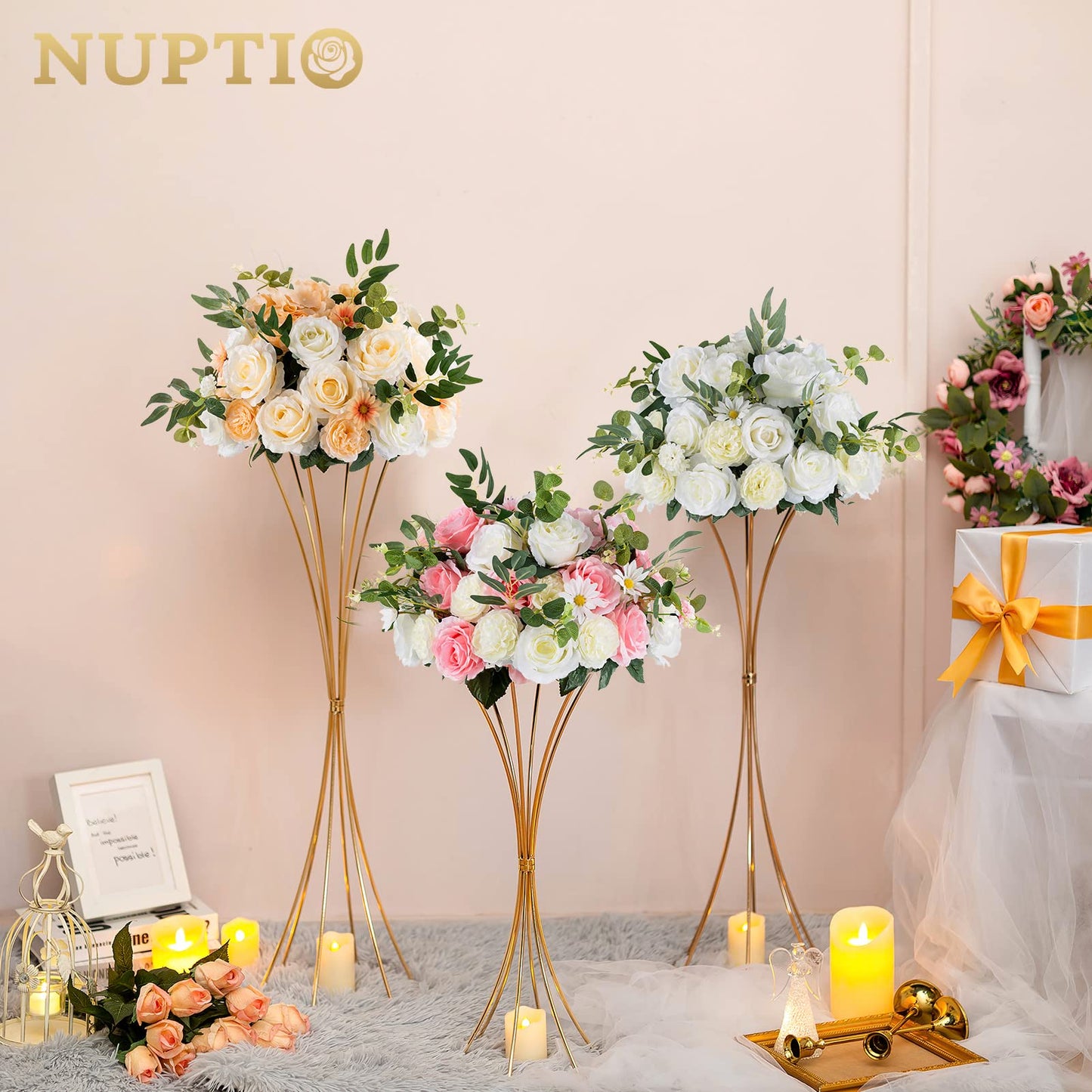 NUPTIO 2 Pcs Gold Vases for Centerpieces, 31.1in Tall Metal Trumpet Vase, Road Lead for Wedding Party Dinner Centerpiece, Flower Stand for Christmas Anniversary Birthday Home Decoration