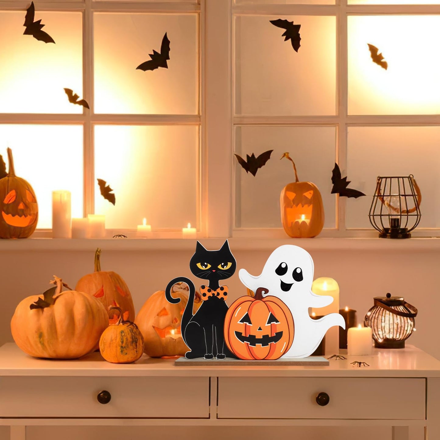 Halloween Decorations Indoor Wooden Black Cat Halloween Decor Ghost Table Sign Pumpkin Table Centerpieces Standing Tabletop Decoration for Holiday Desk Tiered Tray Party Shelf Decorations Farmhouse