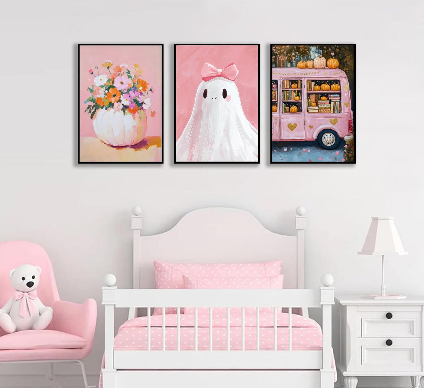 3Pcs Pink Halloween Wall Art Cute Bow Ghost Poster Prints Fall Harvest Pumpkin Flower Canvas Picture for Halloween Girls Room Dorm Nursery Playroom Wall Decor 16X24in Unframed