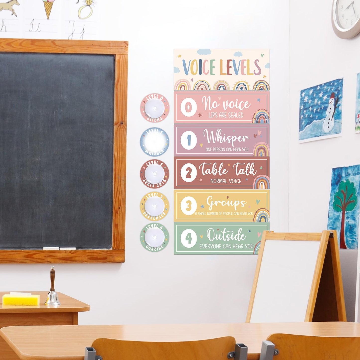 5 Pcs School Push Light and Voice Level Poster Voice Level Chart Monitor Rules Sign LED Tap Light Classroom Rules Poster Noise Chart Classroom Management Tools for Teachers Back to School (Boho Style)