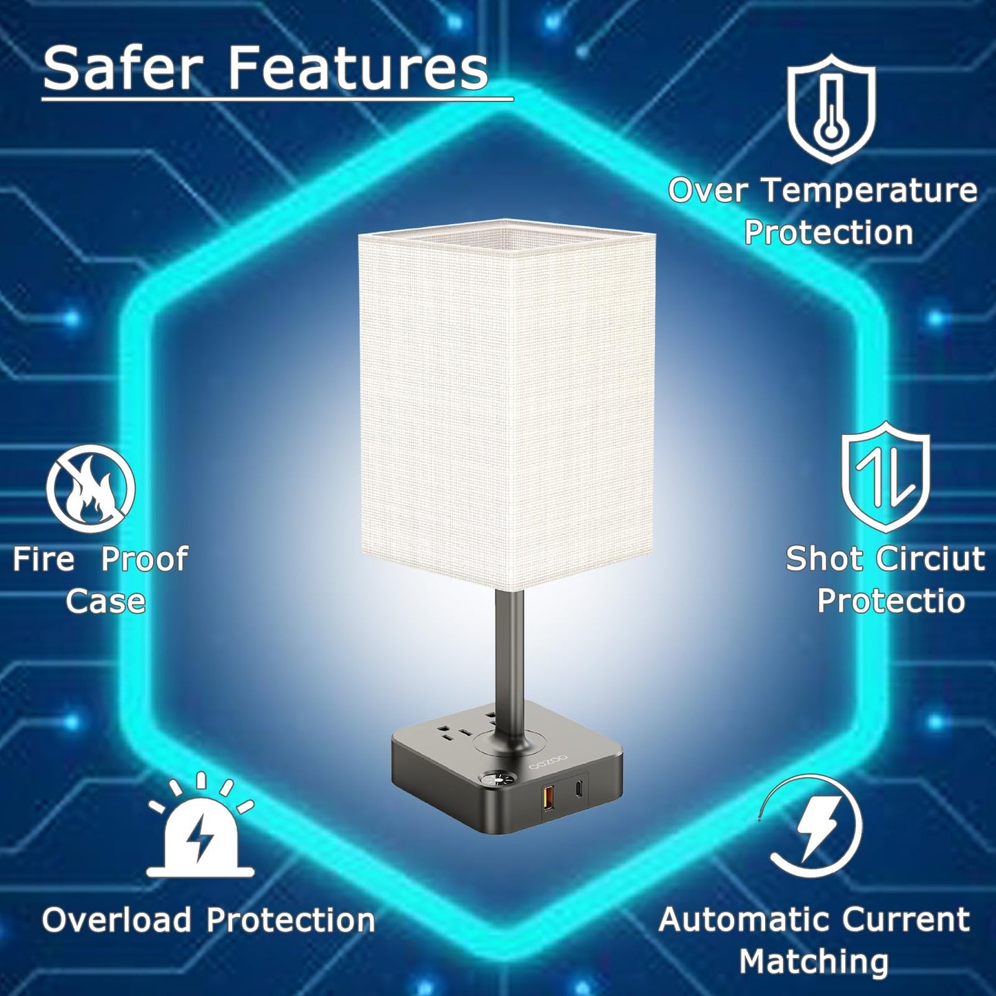 cozoo Bedside Table Lamp with 3 Levels Brightness,Dimmable Table Lamp with USB C+A Charging Ports,2 AC Outlets,Nightstand Lamp White Shade,Touch Bedroom Lamp for Living Read Work