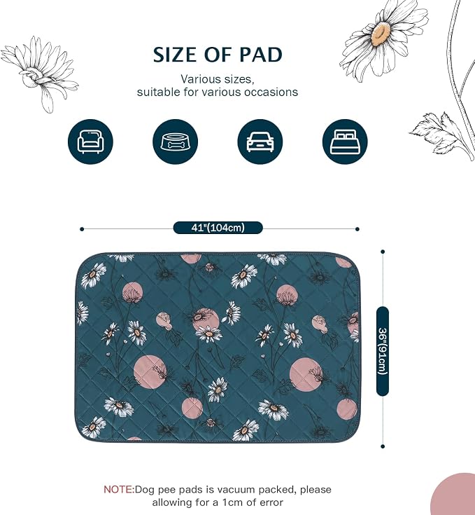 IEUUMLER Washable Pee Pads for Dogs, 2 Pack Non-Slip & Waterproof Pack Whelping Pad, Reusable Washable Puppy Potty Training Pad with Fast Absorbent for Playpen EU007 (Navy Blue Daisy, 36"X41"-2pcs)