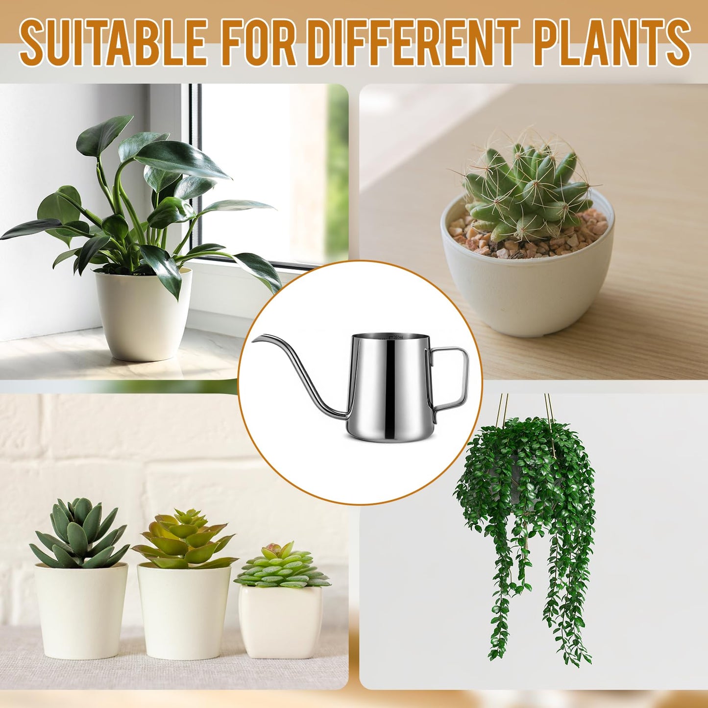 Teecyhooo 2 Pcs Small Watering Can for Indoor Plants, 12 Oz/350 ml Mini Plant Watering Pot with Long Spout and Scale 304 Stainless Steel Tiny Watering-can for Outdoor Indoor Plants Garden(Sliver)