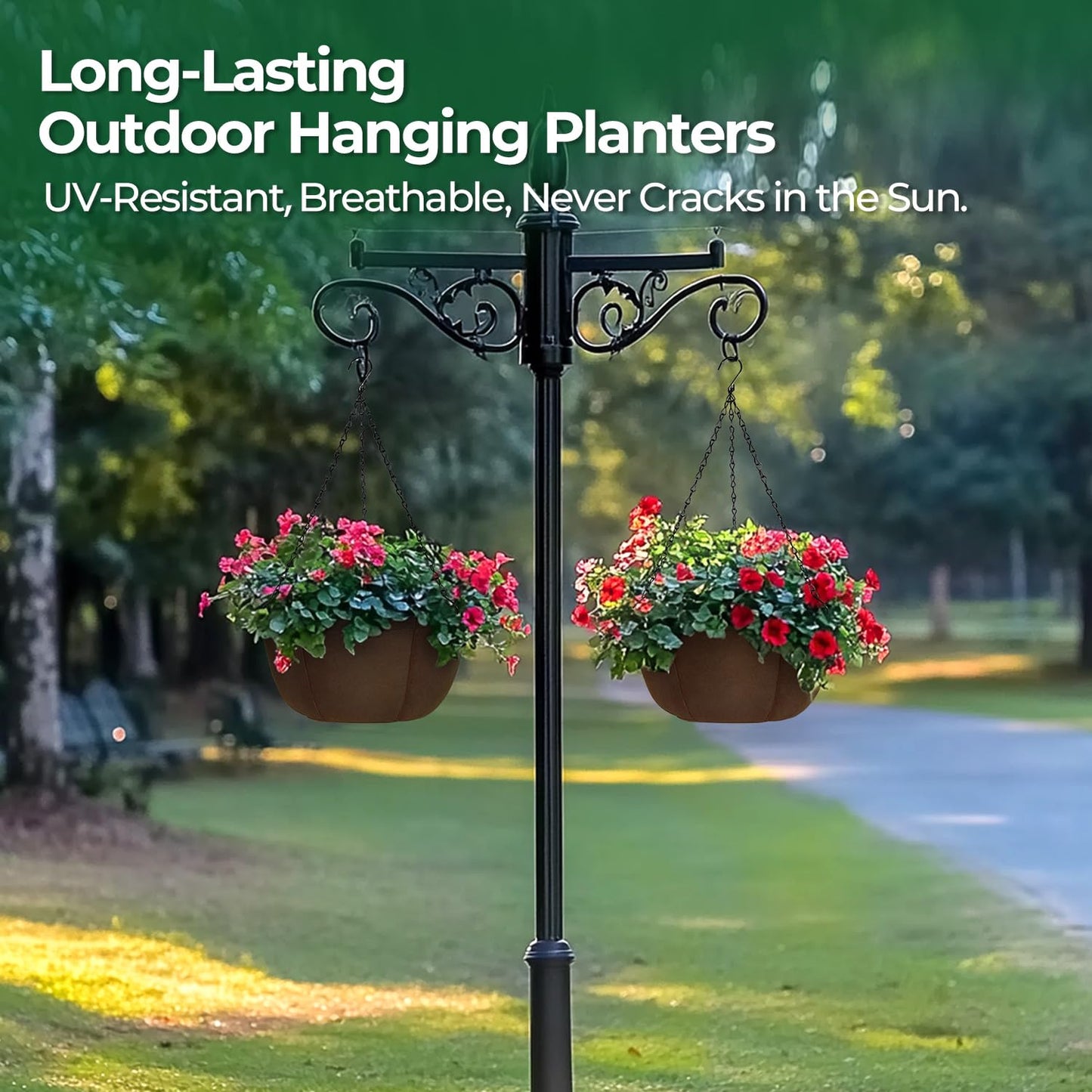T4U Hanging Planters for Outdoor Plants, 12 Inch 4 Pack Fabric Hanging Baskets with Drainage Tray, Decorative Hanging Pots for Plants Outdoor Patio Porch Garden Use(Brown)