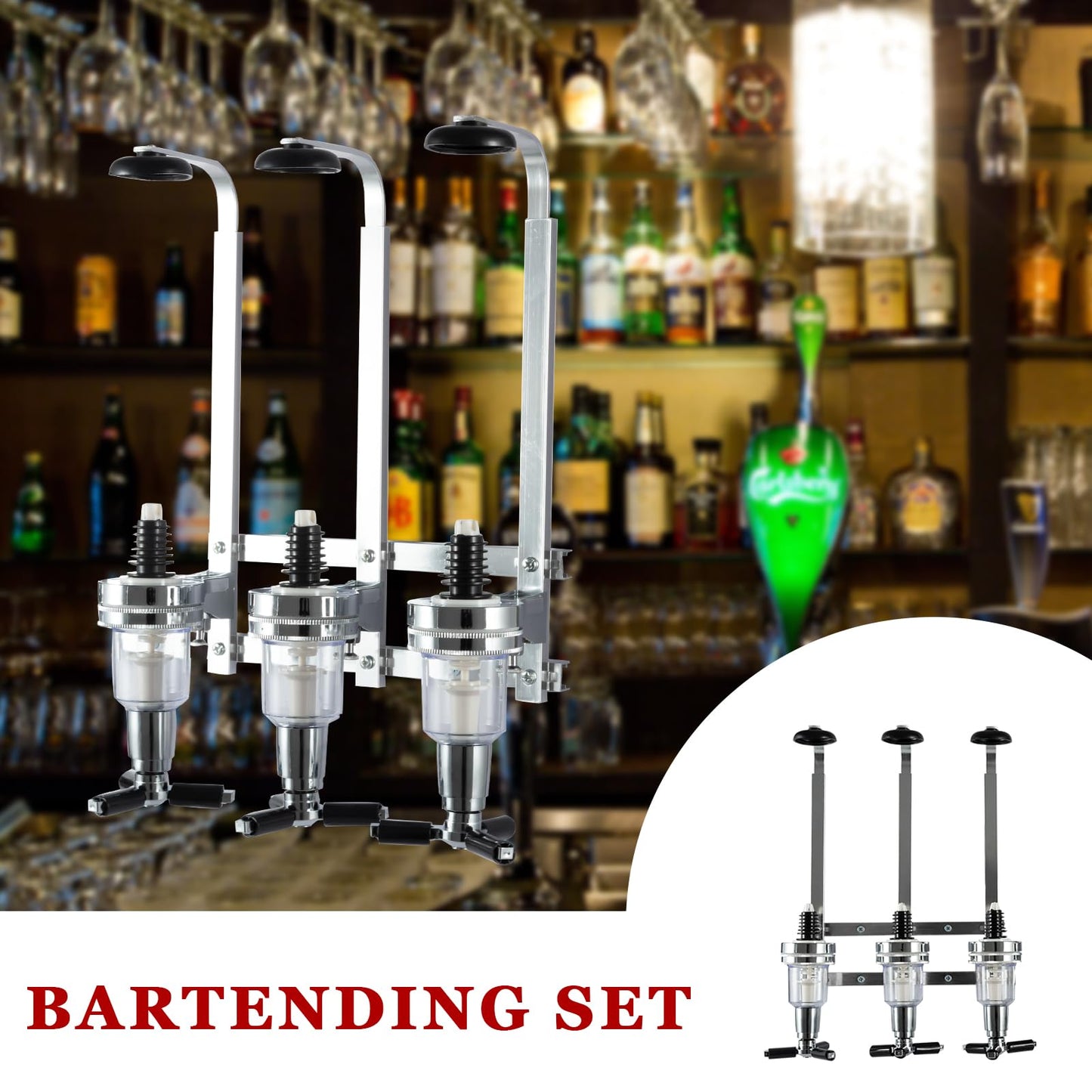 3 Bottle Wall Mounted Liquor Dispenser Bar Butler Bracket Solo Optic Spirit Wine Beer Alcohol Bottle Beverage Stand Revolving Nozzle Drinkware Set