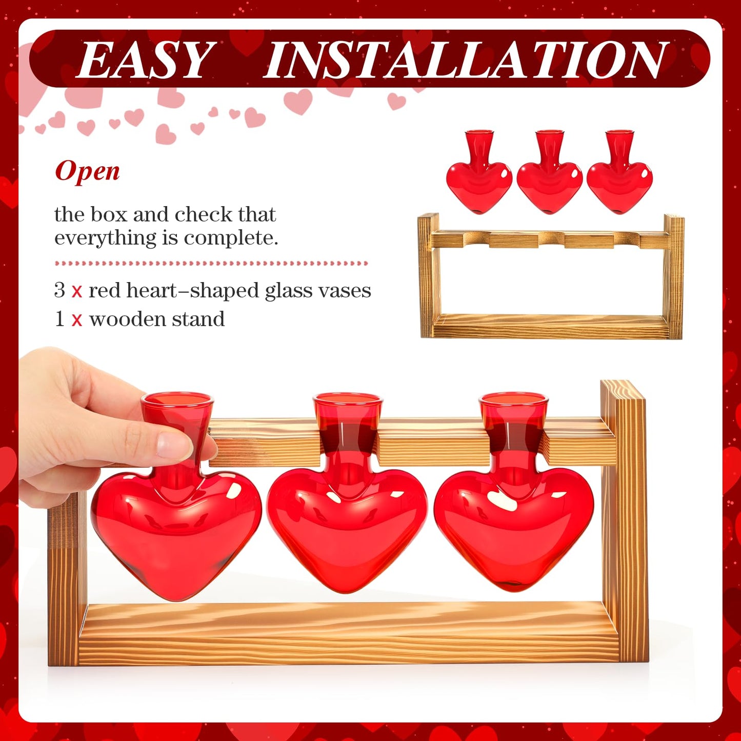 Remerry Red Heart Plant Terrarium with Wooden Stand 3 Heart Glass Vases Planter, Tabletop Propagation Hydroponics Station, Mother's Day Plant Lovers Gift