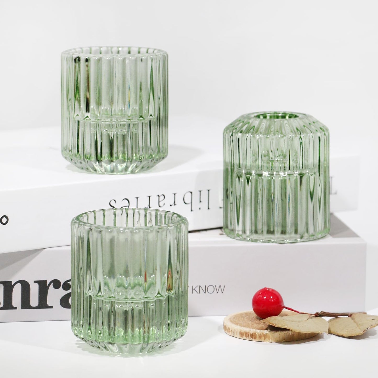 CHOCSTAY 3 Pcs Reversible Green Glass Candle Holders for Taper Tealight LED