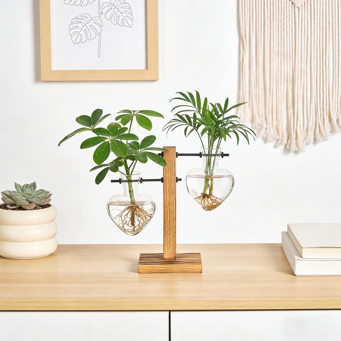 Mkono Heart Shaped Propagation Station with Wood Stand, Glass Hydroponic Planter Desktop Plant Terrarium for Home Office Decor, Gifts for Plant Lovers - 2 Love Bulb Pot Vase