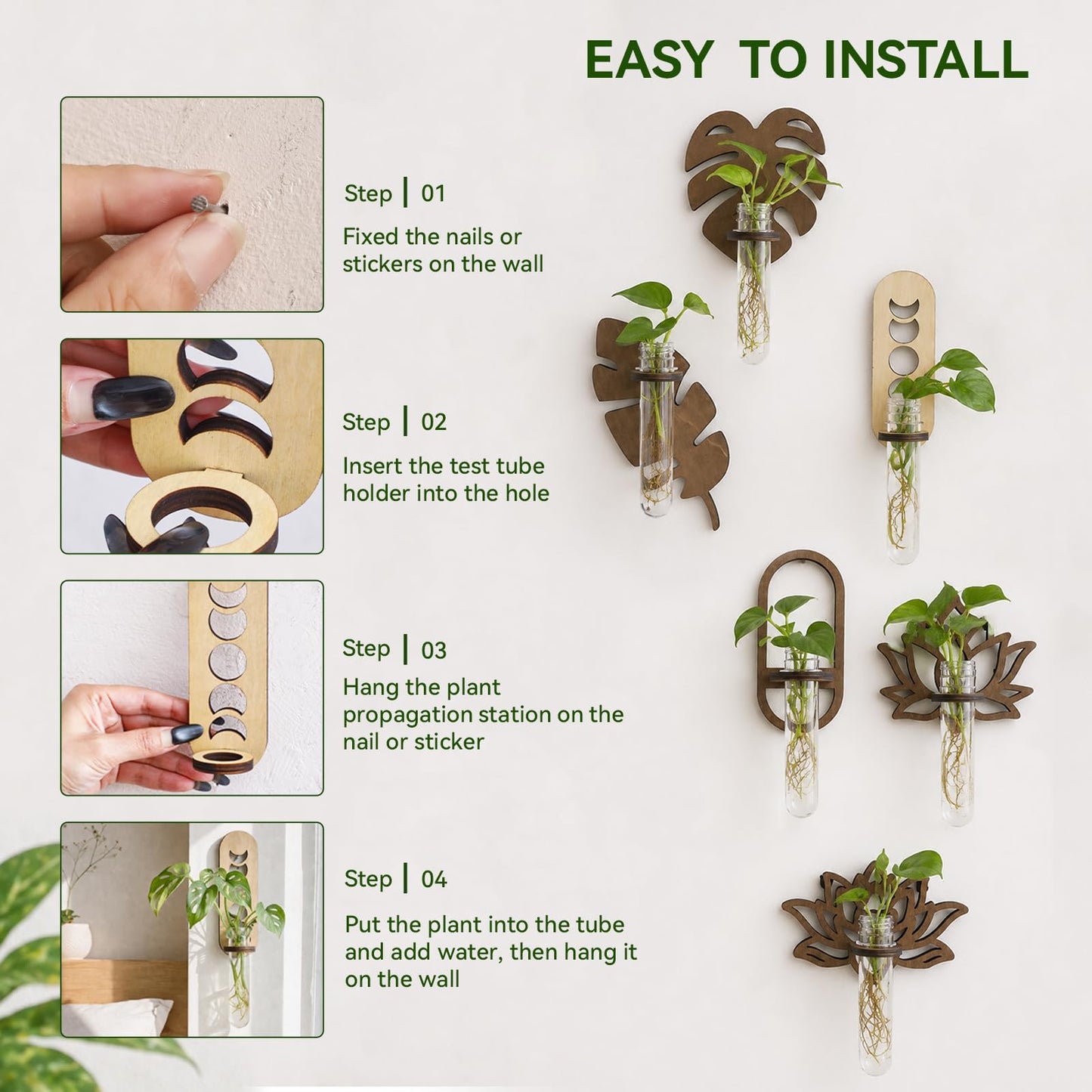 Artilady Plant Propagation Station 2 Pack Wall Hanging Plant Terrarium Holder with Test Tube Wood Window Planter Indoor Decor for Living Room Bedroom Kitchen (Moon Phase)