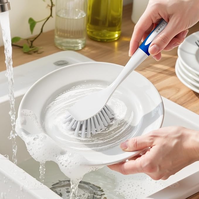Amazer Dish Brush with Handle, 2 Pack Kitchen Scrub Brushes with Built-in Scraper for Cleaning, Dish Scrubber with Stiff Bristles for Sink, Pots, Pans (Blue+Blue)