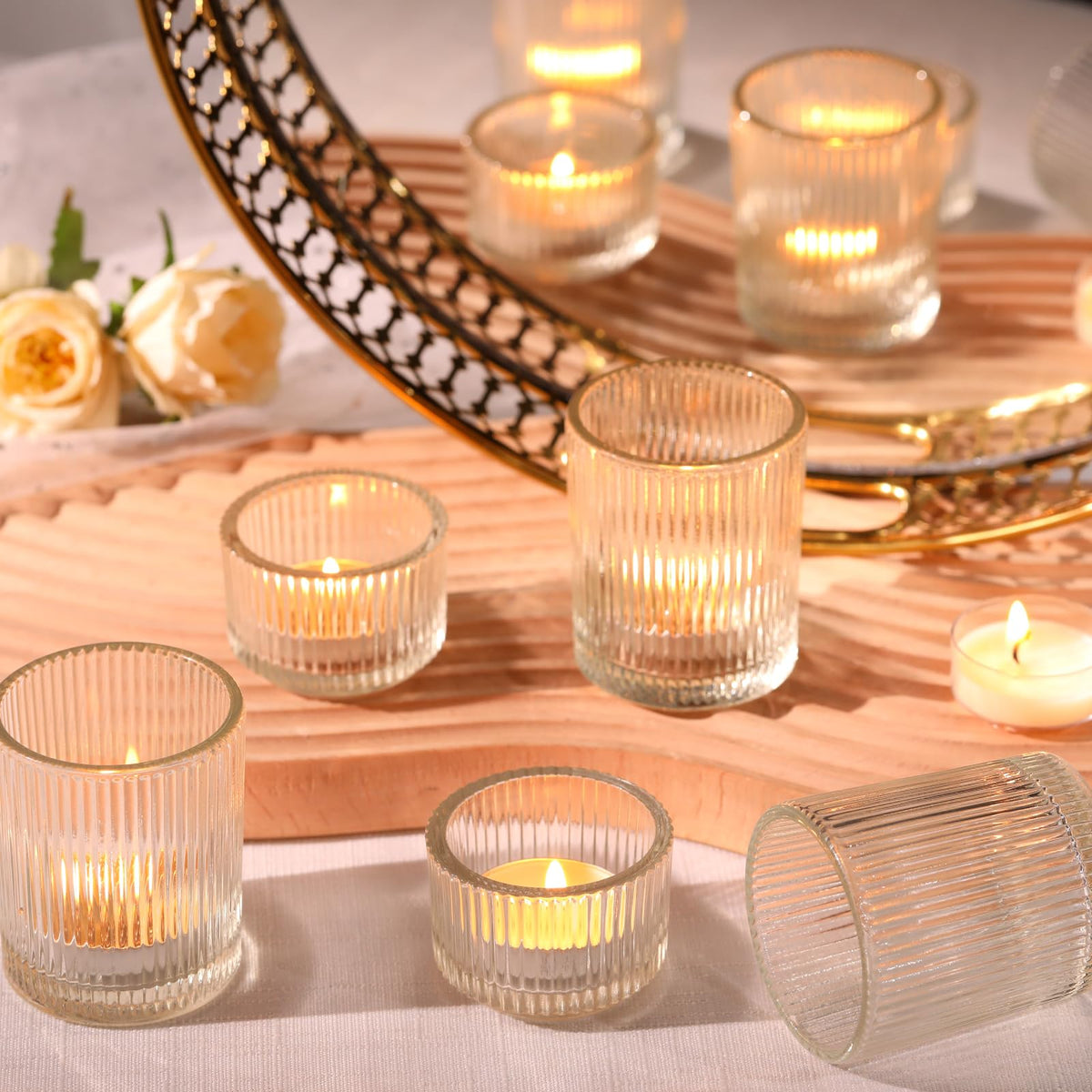 20pcs Assorted Ribbed Clear Votive & Tea Light Candle Holders, Glass Candle Holder for Table Centerpiece, Wedding, Baby Shower, Home and Party Decorations