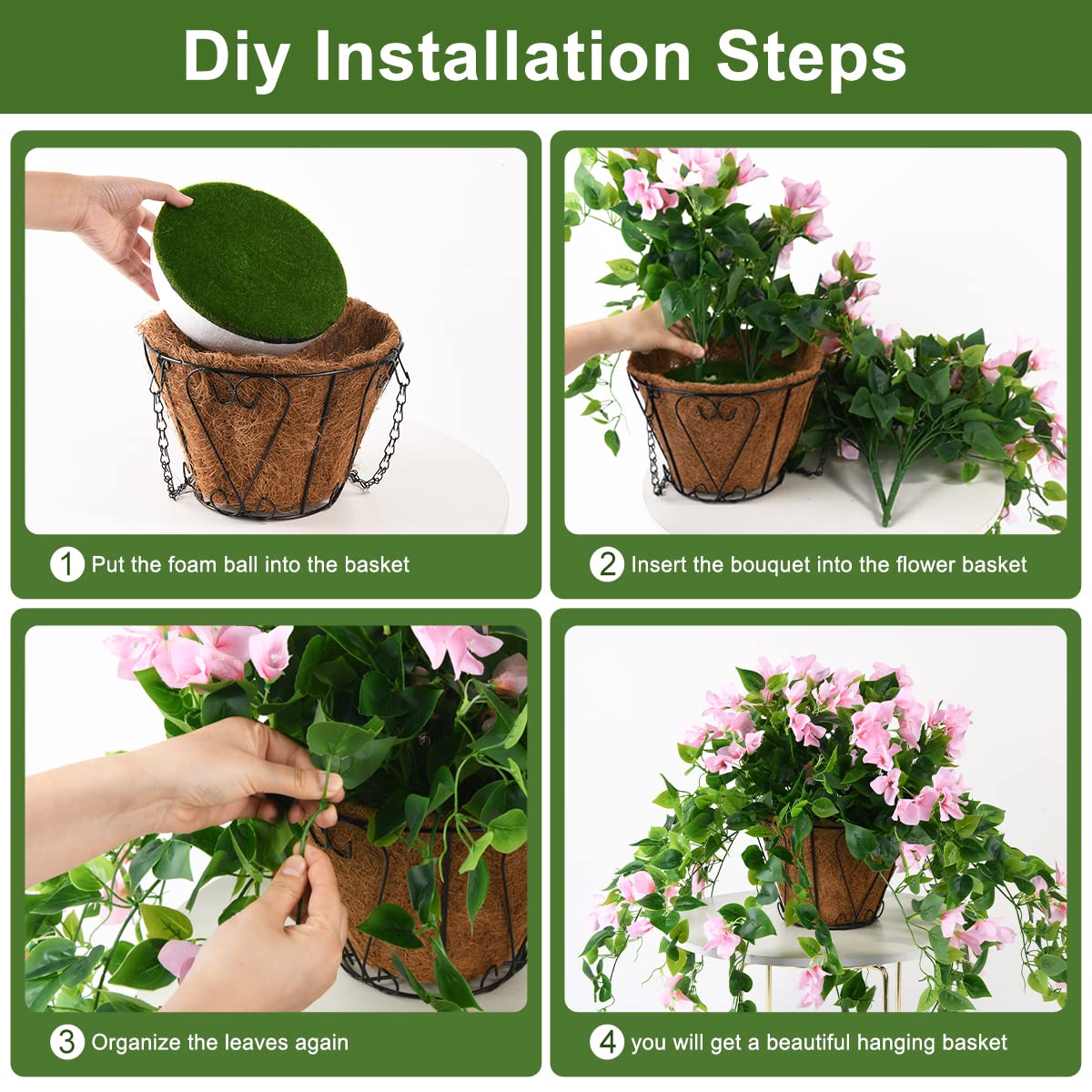 Homsunny Artificial Hanging Flowers Plants Basket for Outdoor Decoration,4 PCS Faux Silk Bougainvillea Vine Flowers Look Real UV Resistant for Outside Porch Patio Yard Garden Decor(Pink