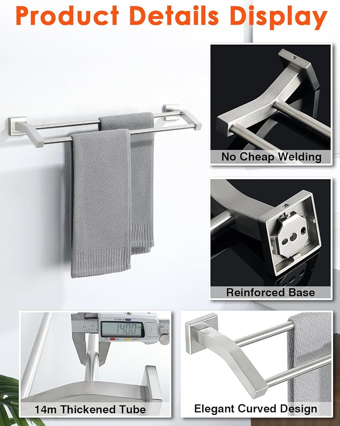 Alise Bath Double Towel Bars 16 Inch Towel Racks for Bathroom,Useable Length 14.9 Inch Wall Mount Towel Holder Heavy Duty SUS304 Stainless Steel Towel Hanger Towel Rail,Brushed Nickel
