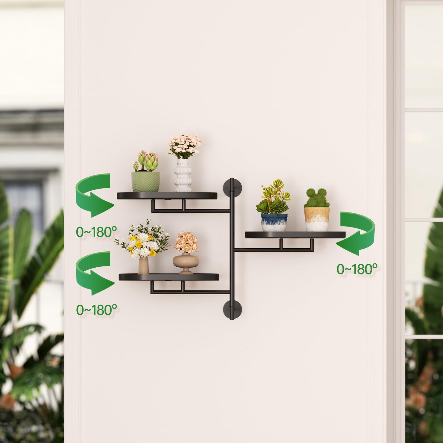 YQSLYSF Window Sill Rotating Plant Stand Shelf Indoor Black Metal Floating Shelves 3-Tier Wall Mount Plant Holders for Living Room Wall Planter Modern Home Decor for Gardening