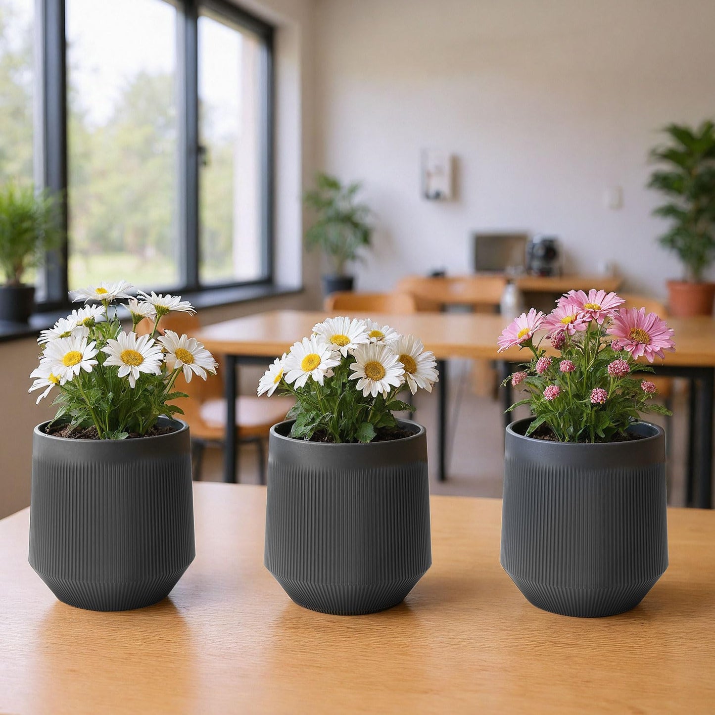 Yaghpy Plant Pots,Set of 3 Plastic Pots for Indoor Plants,Flower Pots Outdoor Planters with Drainage Hole and Seamless Saucer,Gray