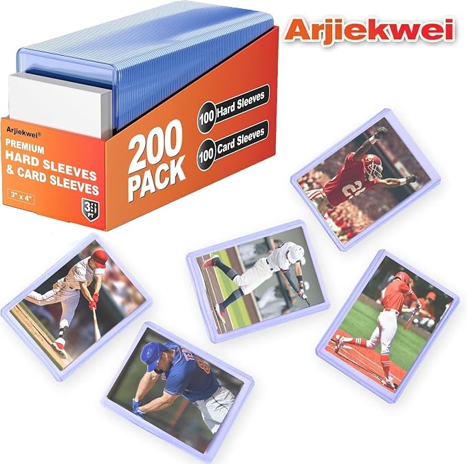 200 Pack Card Sleeves Hard Plastic, Arjiekwei 3"X4" Baseball Cards Protectors Plastic, Premium Card Holder for Trading Sports Baseball Football Game Cards (100 Hard + 100 Soft)